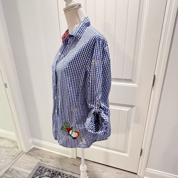 White Stag Womens Large Christmas Gingham Button Down Roll Tab Shirt Embroidered - Picture 5 of 13